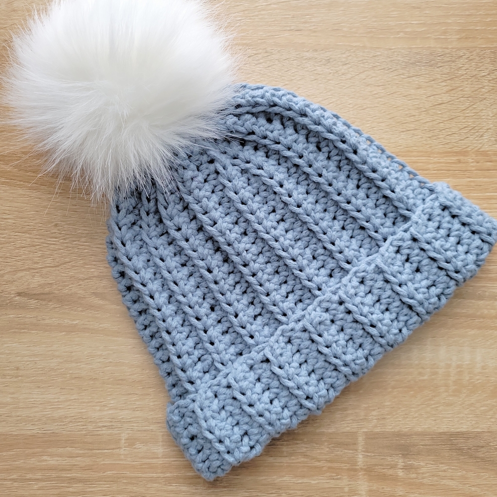 Crochet Pom-Pom Hat/beanie - Stone Blue Color Hat W/ White Pom Pom